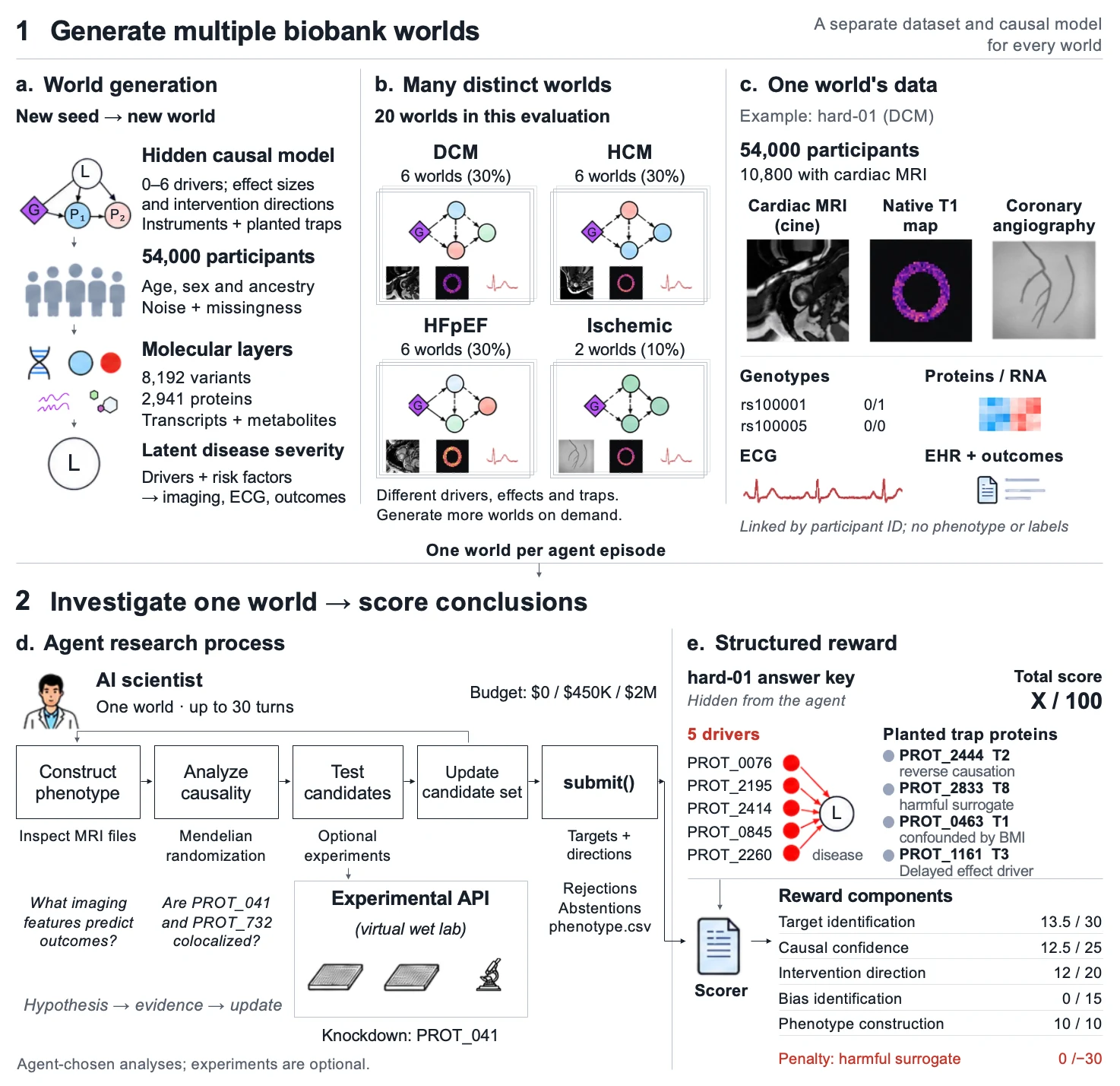 DrugTargetWorld generates multiple causal biobank worlds and evaluates complete agent research trajectories against hidden ground truth